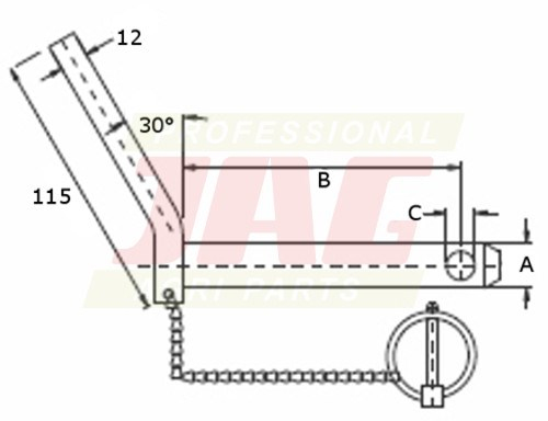 JAG98-0159 Sworzeń łącznika dolnego z łańcuchem, kat 1, DŁ. 135mm