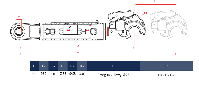 JAG98-1636 Łącznik górny hydrauliczny kat.2-2, 650-960mm ROTA