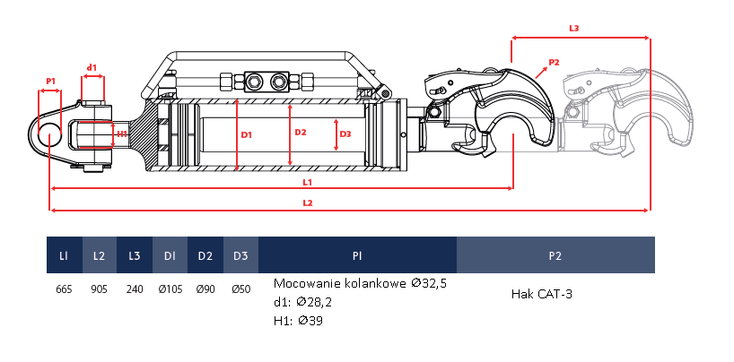 JAG98-1635 Łącznik górny hydrauliczny kat.3-3, 665-905mm ROTA
