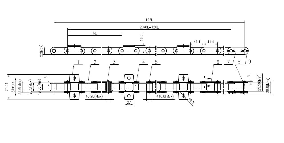 CA550VD/2K1/J3A Łańcuch podajnika pochyłego ROLLON-SOLID